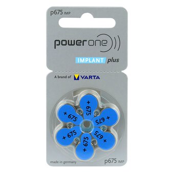 6 x Power One Implant Plus 675 MF Hearing Aid Batteries