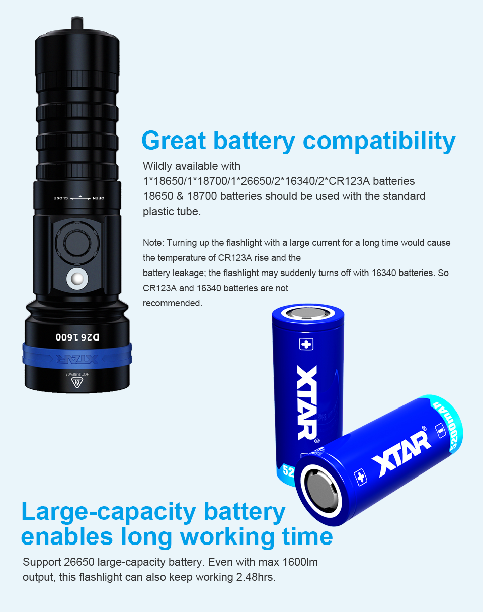 XTAR D26 1600 Tauchen Taschenlampe Cree LED Scuba Wiederaufladbare Batterie 