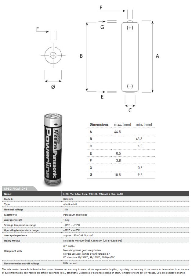 POWERLINE LR03 PANASONIC - Battery: alkaline, 1.5V; AAA; non-rechargeable;  BAT-LR03