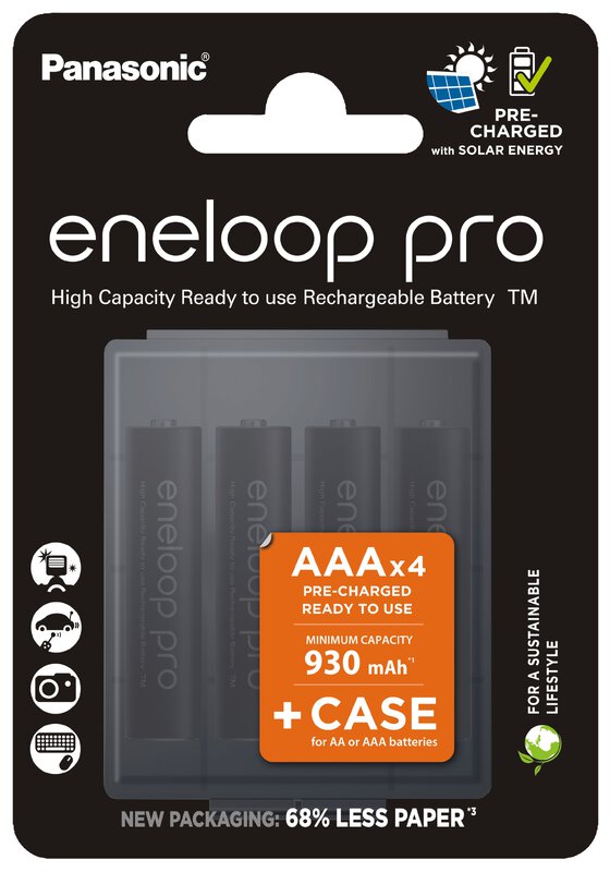 4 x Panasonic Eneloop PRO AAA 930mAh batteries Rechargeable BK-4HCDE  Storage box