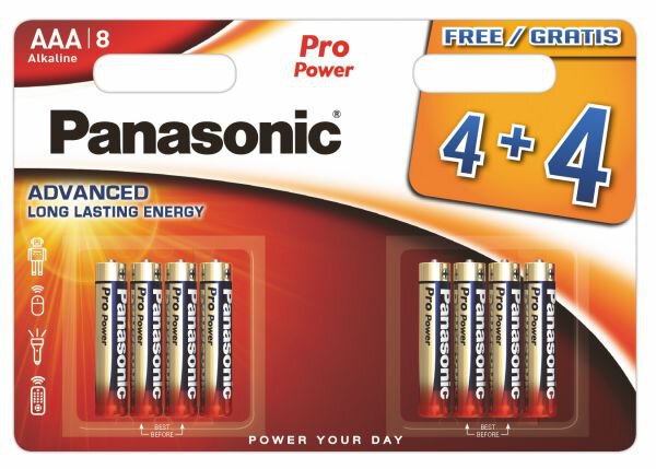 8x Panasonic Pro Power Micro AAA LR03 Alkaline 4er Blister MN2400 LR03XEG/4B 