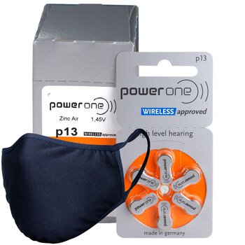 120 x baterie do aparatów słuchowych Power One Varta 13 + maska antybakteryjna wielokrotnego użytku Stanteks