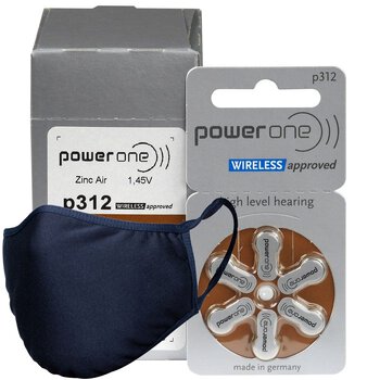 120 x baterie do aparatów słuchowych Power One Varta 312 + maska antybakteryjna wielokrotnego użytku Stanteks