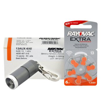120 x baterie do aparatów słuchowych Rayovac Extra Advanced 13 MF + brelok everActive FL-15