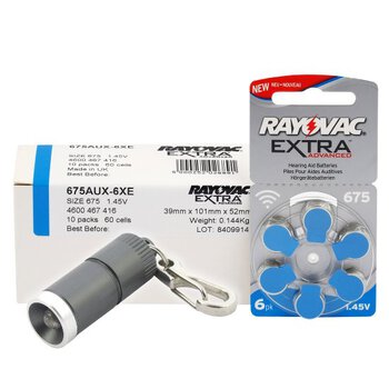 120 x baterie do aparatów słuchowych Rayovac Extra Advanced 675 MF + brelok everActive FL-15
