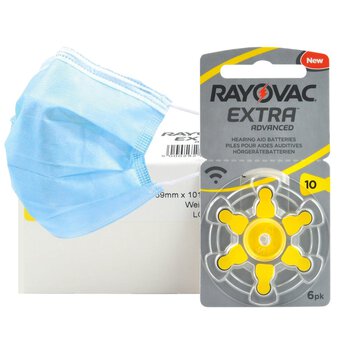 60 x baterie do aparatów słuchowych Rayovac Extra Advanced 10 + 10x jednorazowa maseczka 3-warstwowa chirurgiczna