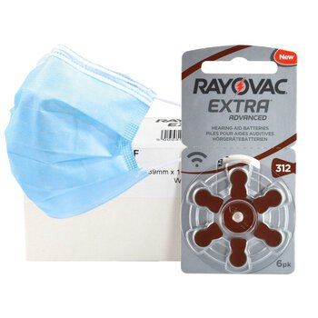 60 x baterie do aparatów słuchowych Rayovac Extra Advanced 312 + 10x jednorazowa maseczka 3-warstwowa chirurgiczna
