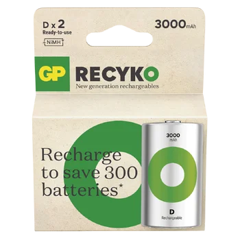 2 x D/R20 Ni-MH GP ReCyko 3000mAh rechargeable batteries
