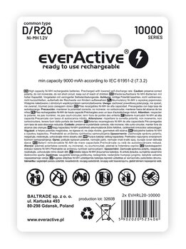 2x everActive R20/D Ni-MH 10000 mAh ready to use battery