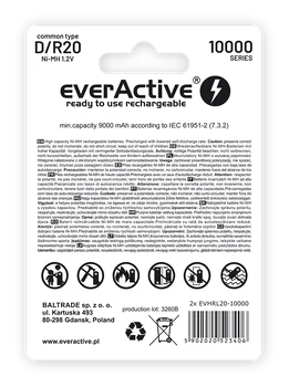2 x everActive R20/D Ni-MH 10000 mAh rechargeable batteries ready to use