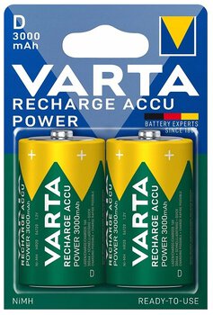 2 x Varta R20 D R2U Ni-MH 3000 mAh rechargeable batteries