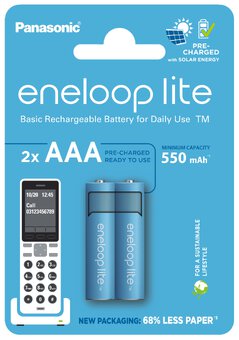 2 x Panasonic Eneloop Lite DECT NEW R03 AAA 550mAh batteries BK-4LCCE/2DE (blister)