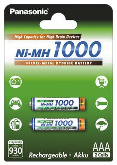2 x Panasonic R03 AAA Ni-MH 1000mAh rechargeable batteries (blister)