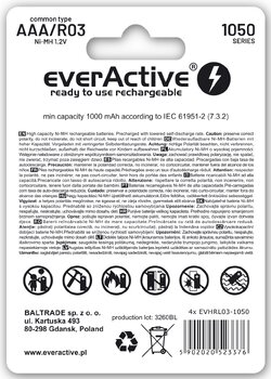 4x rechargeable everActive R03/AAA Ni-MH 1050 mAh ready to use