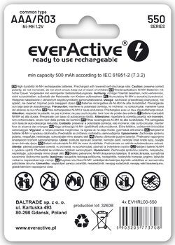 4 x everActive R03/AAA Ni-MH 550 mAh rechargeable batteries ready to use