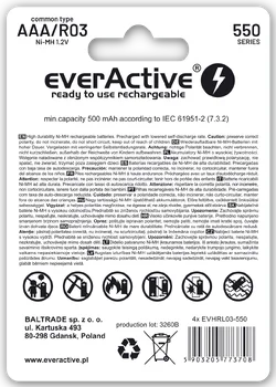 4 x akumulatorki everActive R03/AAA Ni-MH 550 mAh ready to use