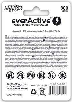 4 x akumulatorki everActive R03/AAA Ni-MH 800 mAh ready to use