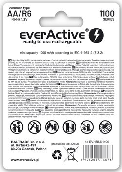 4 x everActive R6/AA Ni-MH 1100 mAh rechargeable batteries ready to use