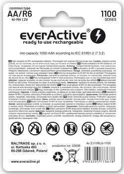 4 x everActive R6/AA Ni-MH 1100 mAh rechargeable batteries ready to use