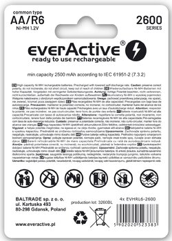 4x rechargeable everActive R6/AA Ni-MH 2600 mAh ready to use