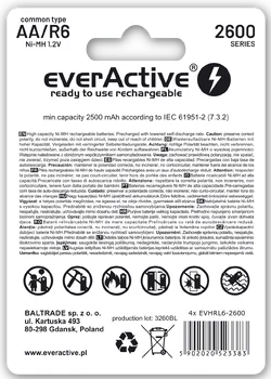 4x rechargeable everActive R6/AA Ni-MH 2600 mAh ready to use