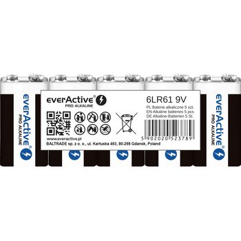 5 x everActive Pro 6LR61/6LF22 9V alkaline batteries (tray)