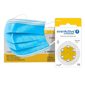 60 x baterie do aparatów słuchowych everActive ULTRASONIC 10 + 3x jednorazowa maseczka 3-warstwowa chirurgiczna