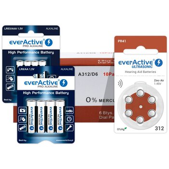 60 x baterie do aparatów słuchowych everActive ULTRASONIC 312 + 4szt LR6 / AA + 4szt LR03 / AAA everActive Pro Alkaline