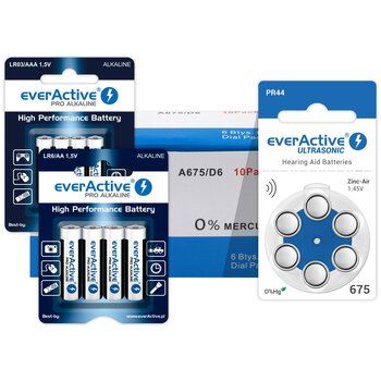 60 x baterie do aparatów słuchowych everActive ULTRASONIC 675 + 4szt LR6 / AA + 4szt LR03 / AAA everActive Pro Alkaline