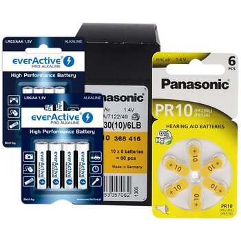 60 x baterie do aparatów słuchowych Panasonic 10 / PR10 / PR230L + 4szt LR6 + 4szt LR03 everActive Pro Alkaline