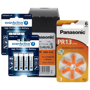 60 x baterie do aparatów słuchowych Panasonic 13 / PR13 / PR48 + 4szt LR6 / AA + 4szt LR03 / AAA everActive Pro Alkaline