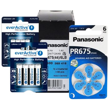 60 x baterie do aparatów słuchowych Panasonic 675 + 4szt LR6 / AA + 4szt LR03 / AAA everActive Pro Alkaline