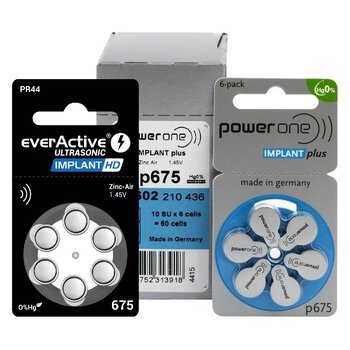60 x baterie do aparatów słuchowych Power One Implant Plus 675 + 6 x everActive Implant HD 675