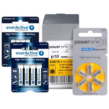60 x baterie do aparatów słuchowych Power One Varta 10 + 4szt LR6 / AA + 4szt LR03 / AAA everActive Pro Alkaline