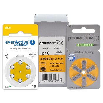60 x baterie do aparatów słuchowych Power One Varta 10 + 6 x everActive ULTRASONIC 10