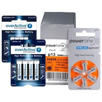 60 x baterie do aparatów słuchowych Power One Varta 13 + 4szt LR6 / AA + 4szt LR03 / AAA everActive Pro Alkaline