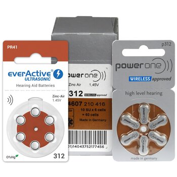 60 x baterie do aparatów słuchowych Power One Varta 312 + 6 x everActive ULTRASONIC 312