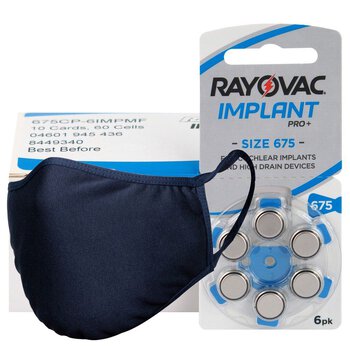 60 x baterie do aparatów słuchowych Rayovac 675 IMPLANT PRO+ + maska antybakteryjna wielokrotnego użytku Stanteks