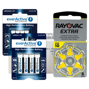 60 x baterie do aparatów słuchowych Rayovac Extra 10 + 4szt LR6 / AA + 4szt LR03 / AAA everActive Pro Alkaline