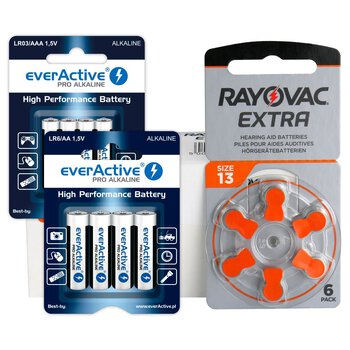 60 x baterie do aparatów słuchowych Rayovac Extra 13 + 4szt LR6 / AA + 4szt LR03 / AAA everActive Pro Alkaline