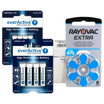 60 x baterie do aparatów słuchowych Rayovac Extra 675 + 4szt LR6 / AA + 4szt LR03 / AAA everActive Pro Alkaline