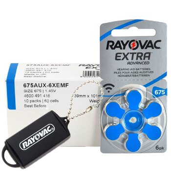 60 x baterie do aparatów słuchowych Rayovac Extra Advanced 675 + zasobnik na baterie Rayovac