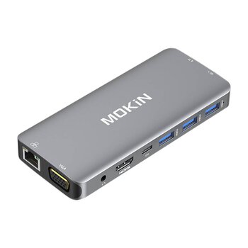 MOKiN 10in1 MOUC1801-J Hub USB-C adapter is 2x USB 3.0 + USB 2.0 + HDMI + USB-C + microSD, SD + VGA + RJ45 + 3.5mm jack