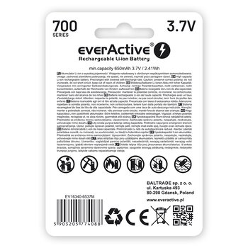 Akumulator everActive 16340 3,7V Li-ion 700mAh micro USB z zabezpieczeniem