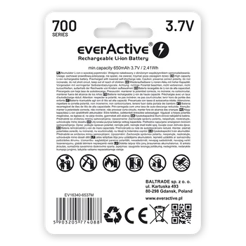 everActive 16340 3.7V Li-ion 700mAh micro USB battery with BOX protection