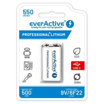 everActive 6F22/9V Li-ion 550 mAh battery with USB TYPE C