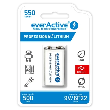 everActive 6F22/9V Li-ion 550 mAh battery with USB TYPE C