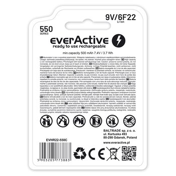 akumulatorek everActive 6F22/9V Li-ion 550 mAh z USB TYP C