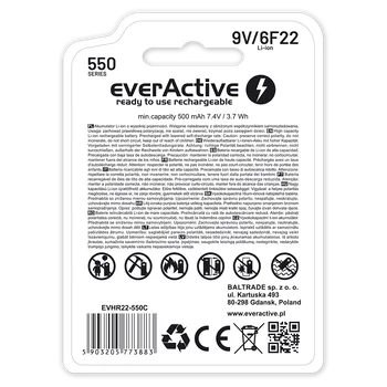 everActive 6F22/9V Li-ion 550 mAh battery with USB TYPE C