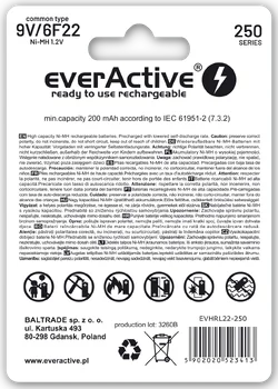 Rechargeable everActive 6F22/9V Ni-MH 250 mAh ready to use
